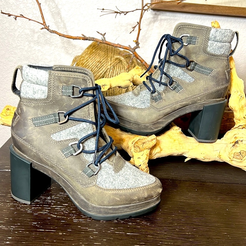 Sorel Blake lace up heeled boots, greenish brown and grey